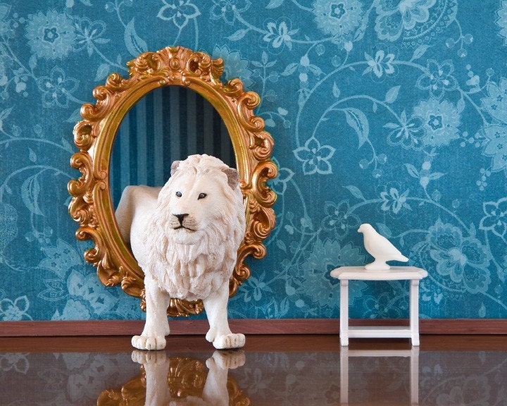 lion print, wonderland, fairytale, white and blue - Through the Looking Glass 8 x 10