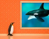 penguin and whale print, diorama, bright orange and aqua blue - Emperor Penguin 8 x 10
