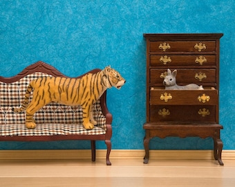 tiger and rabbit art, animal print, turquoise, Victorian decor, diorama - The Odd Couple 8 x 10