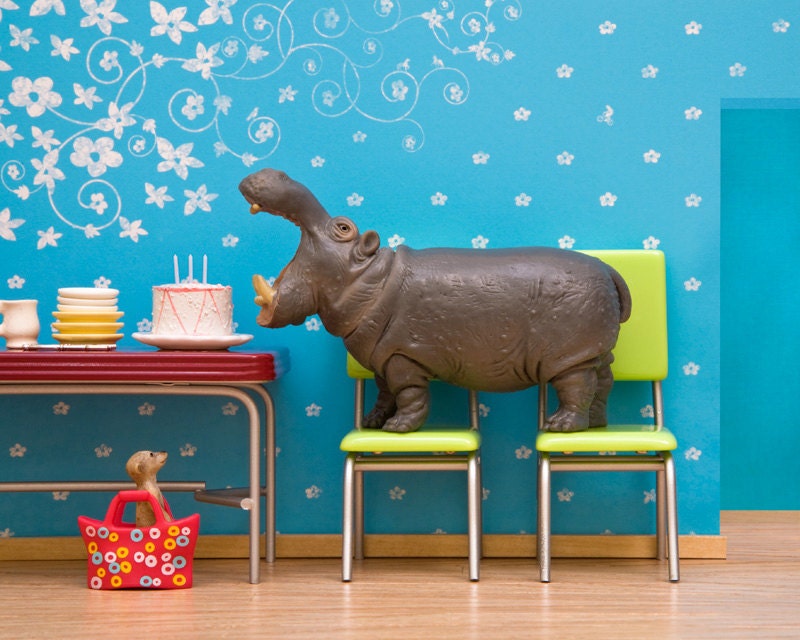 hippo art, diorama, retro kitchen, blue, birthday - Hungry, Hungry Hippo 8 x 10