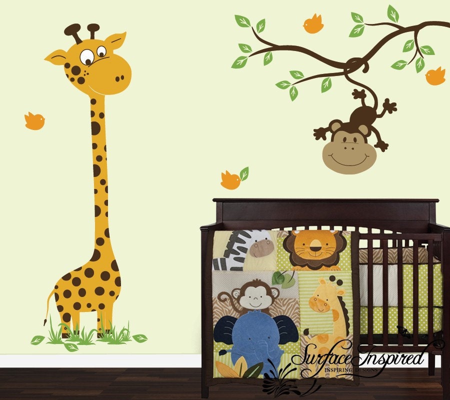 Nursery Wall Decals Baby Giraffe With Monkey Branch Vinyl Wall Decal - SUR003