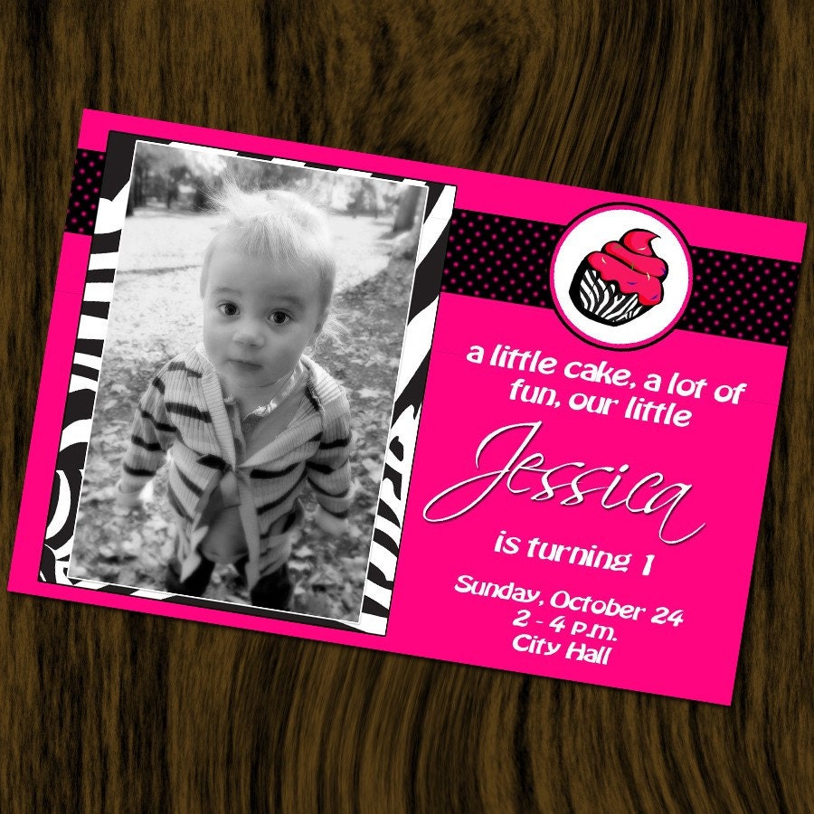 Hot Pink and Zebra Cupcake Birthday Invitation -- Personalized with Your Photo (Digital File)