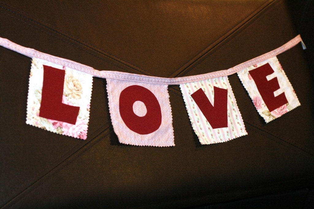 Shabby chic, fabric banner, bunting, garland LOVE in pinks: ready to ship Il_170x135