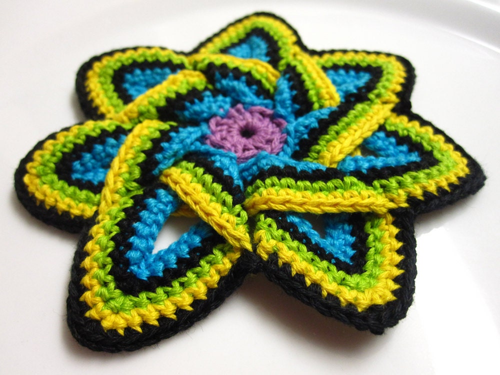 Crochet Flower Applique Handmade Cotton - Purple, Turquoise, Yellow, Lime