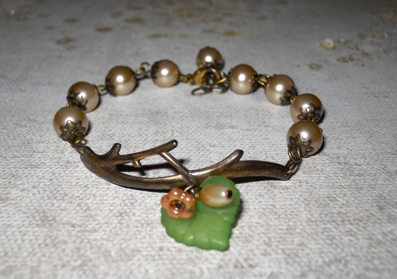 Vintage Twig  Bracelet - Vintage Style, Branch , bronze pearls, Green leaf, copper flower, Free Shipping, Gift,