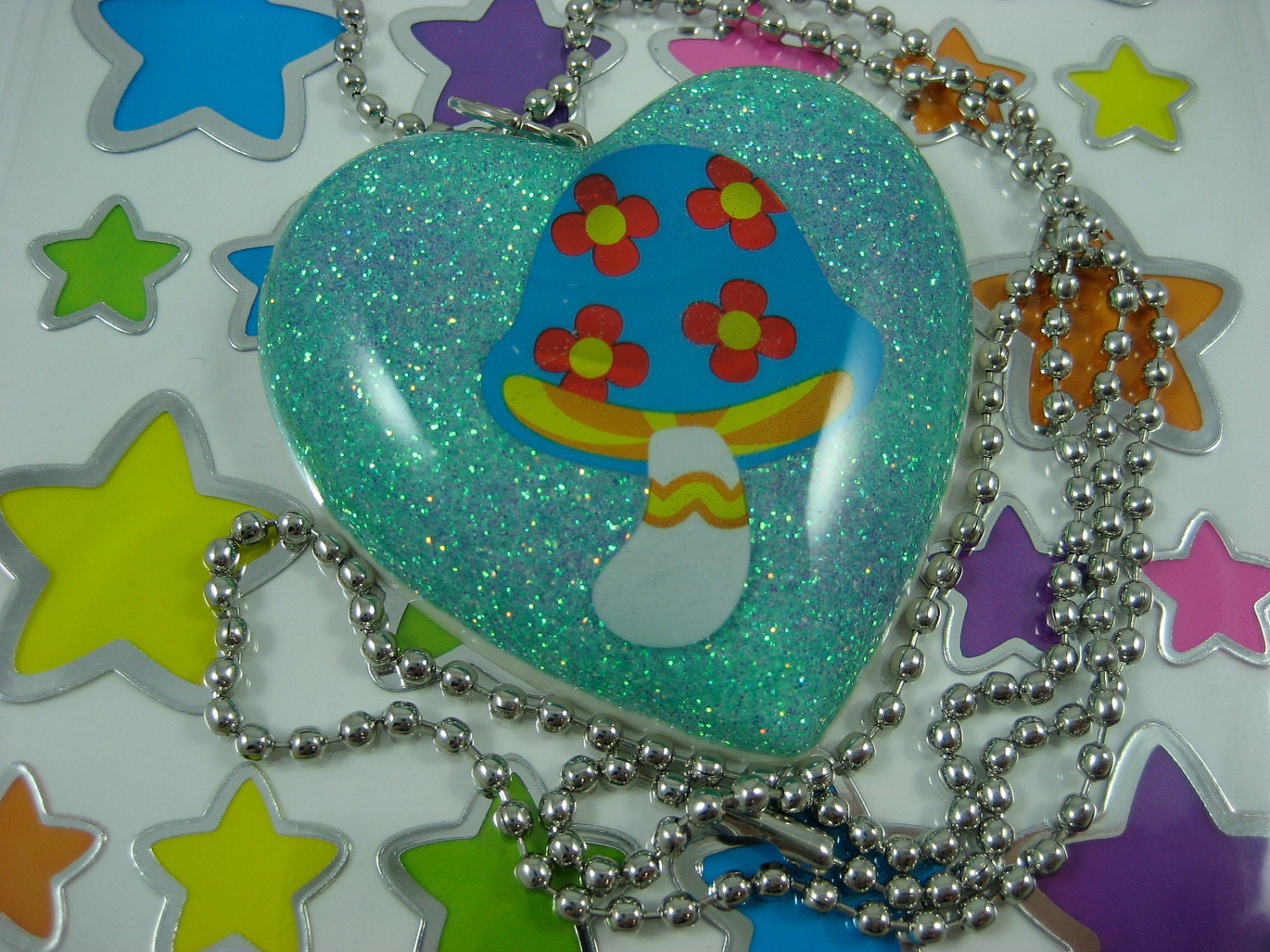 Giant Magic Mushroom Glitter pOp Heart Resin Pendant Necklace