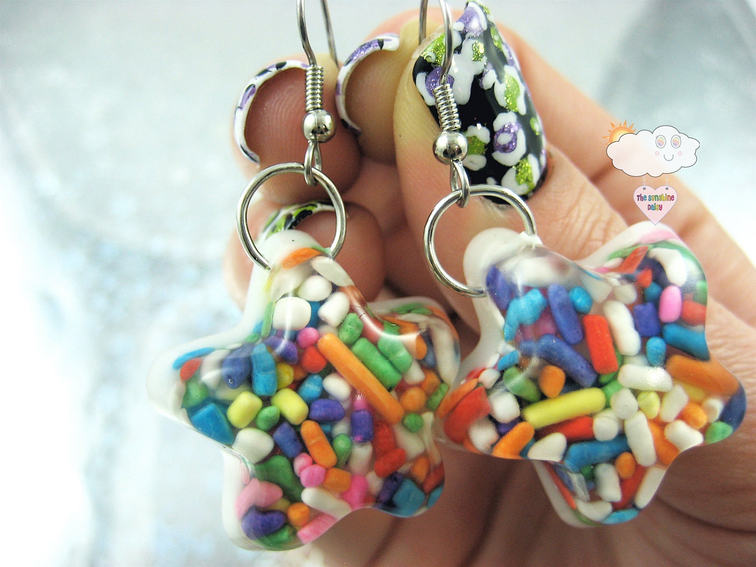 made to order Rainbow Long Sugar Sprinkles Shooting Star Resin Dangle Fishhook Earrings