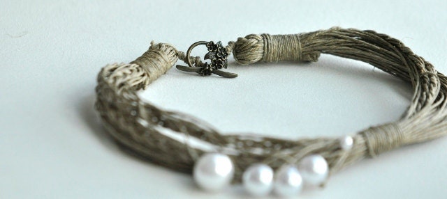 Anna - White Pealrs dance on Linen Necklace / Pearls Necklace / Shell Necklace