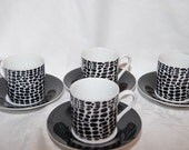Expresso Cup and Saucer Set in Mod Abstract Black and White Design, Dramatic Wedding Decor,  Lot of 8 Pieces