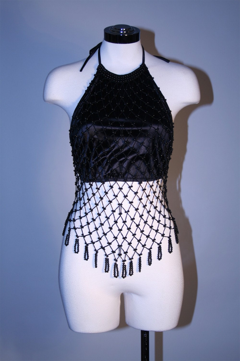 Vintage 80s Crochet Net Beaded Fringe Halter Top
