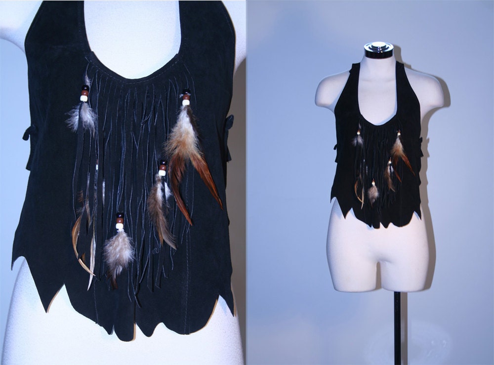 Boho Hippie Vintage 70's Feather and Fringe Suede Halter Top