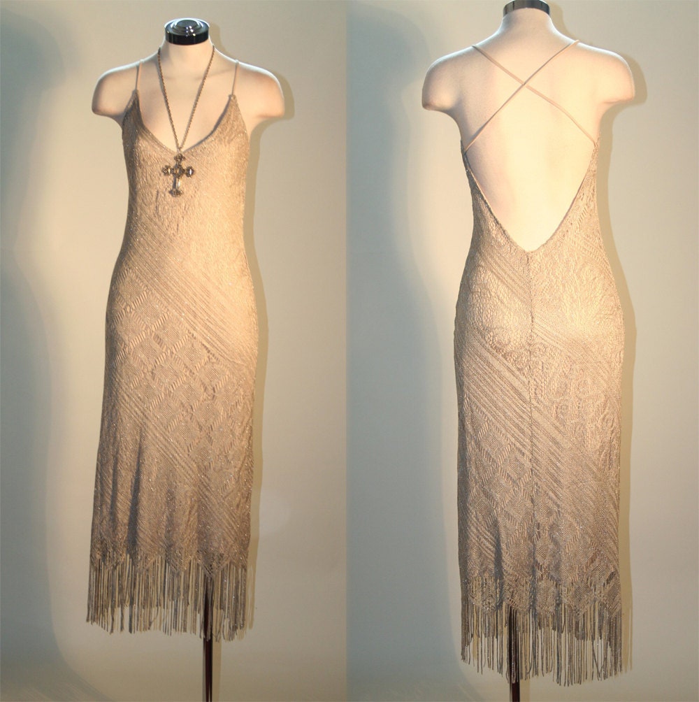 Vintage 80's Champagne Crochet Nude Illusion Fringe  Bohemian Wedding Dress