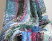Couch Throw Blanket Hand Woven Ultra Lightweight Mohair, Sea Blue, Garden Green Plaid Stripe, Beach Cottage, Rustic Cabin Home Decor