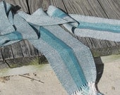 Lightweight Scarf, Handwoven Green Turquoise Stripe Cotton, Zen Simplicity, Indoor, Outdoor, Beach Cottage, Seaside, Men's, Women's, Fashion