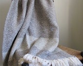Blanket, Handwoven Gray Cotton Twill with Light Sage Borders for Rustic Cabin, Shabby Chic Farmhouse or Beach Cottage Home Decor