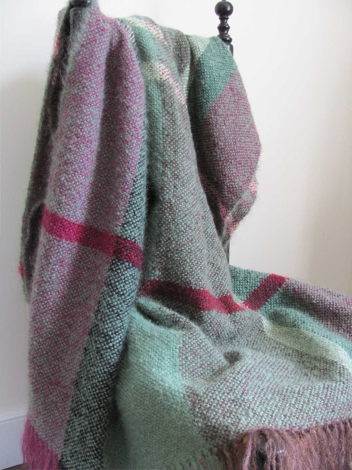Couch Throw Blanket, Handwoven Green & Cranberry Mohair, Plaid Stripe, Rustic Cabin, Country House, Cottage, Farmhouse Home Decor, Spring