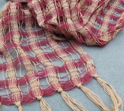 Lightweight Scarf, Handwoven Cotton Cranberry Red & Caramel Beige Lattice Weave, Spring, Summer, Autumn, Winter, Urban, Mens, Womens Fashion