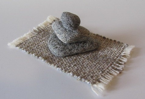 Zen Meditation Stacking Stone Cobble Rock Cairn, Natural Fiber Handwoven Mat, Shelf, Bookcase, Desk, Window Sill, Peace, Tranquility, Calm