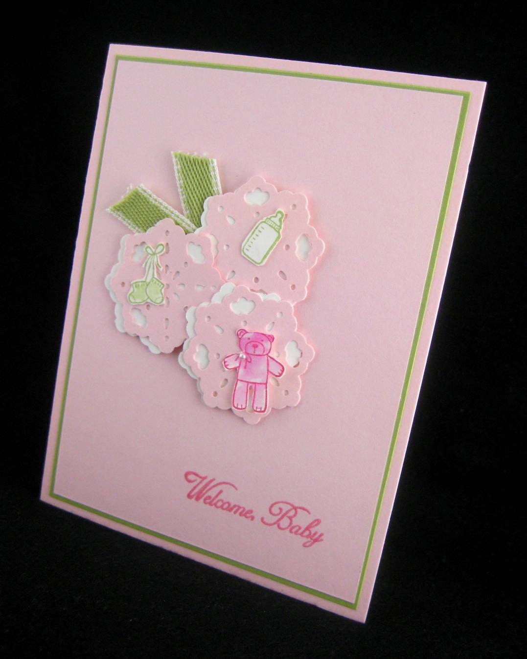Welcome Baby Girl Handmade Card   Sweet Doilies