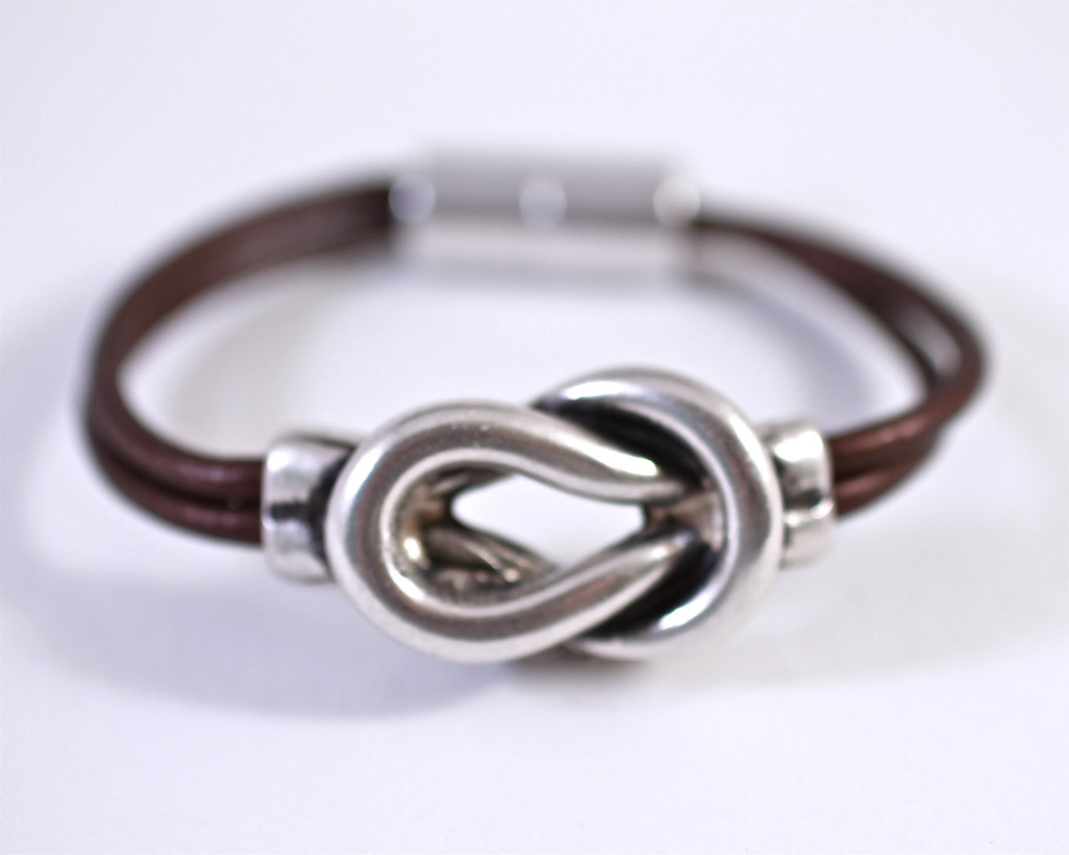 Silver Love Knot Leather Bracelet Bangle Bracelet Sailor Knot Nautical Jewelry Unisex Amy Fine Design