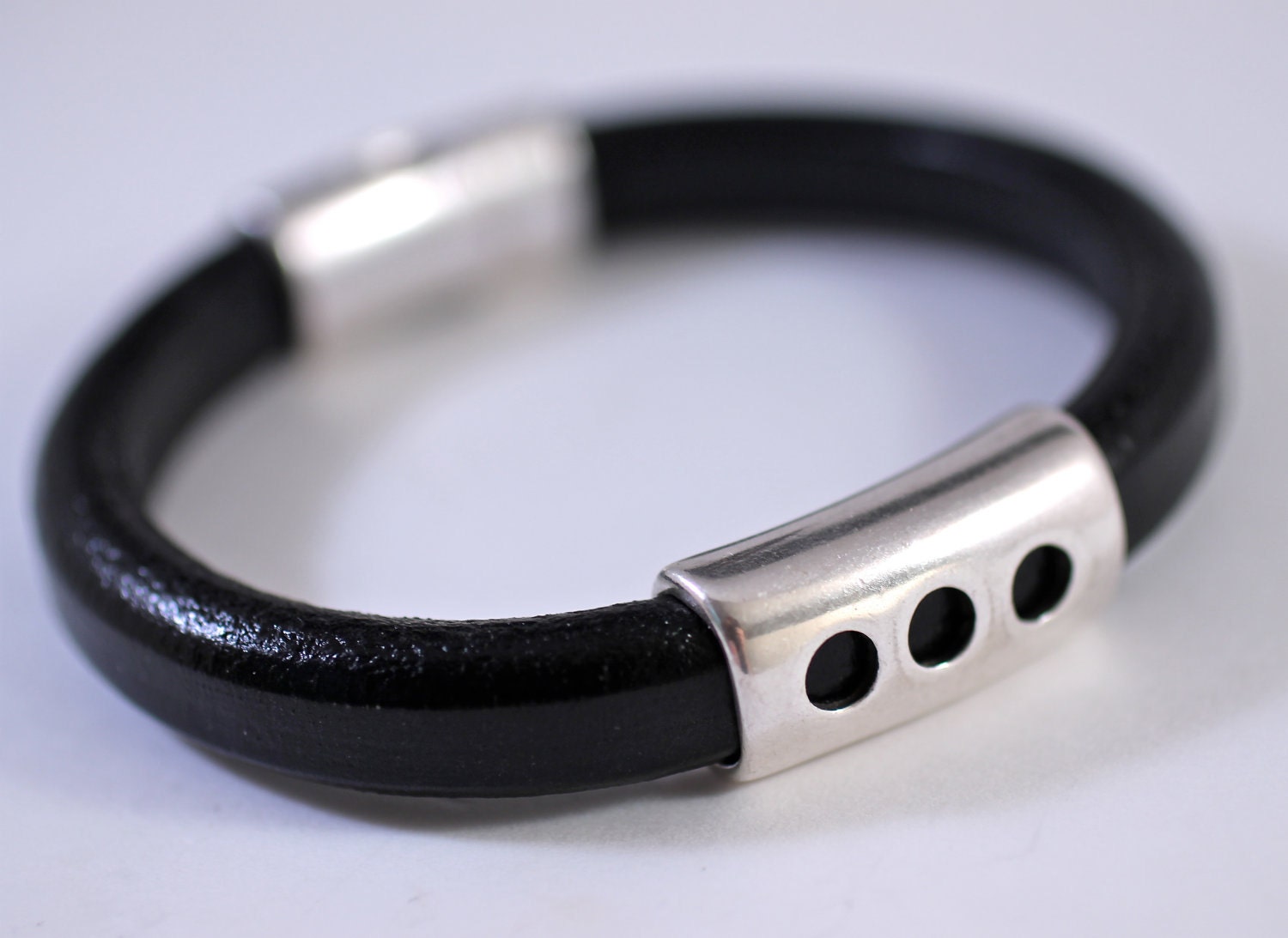 Modern Leather Bracelet Wide Cord Bangle Silver Bead Unisex Leather Bracelet Great Father's Day Gift