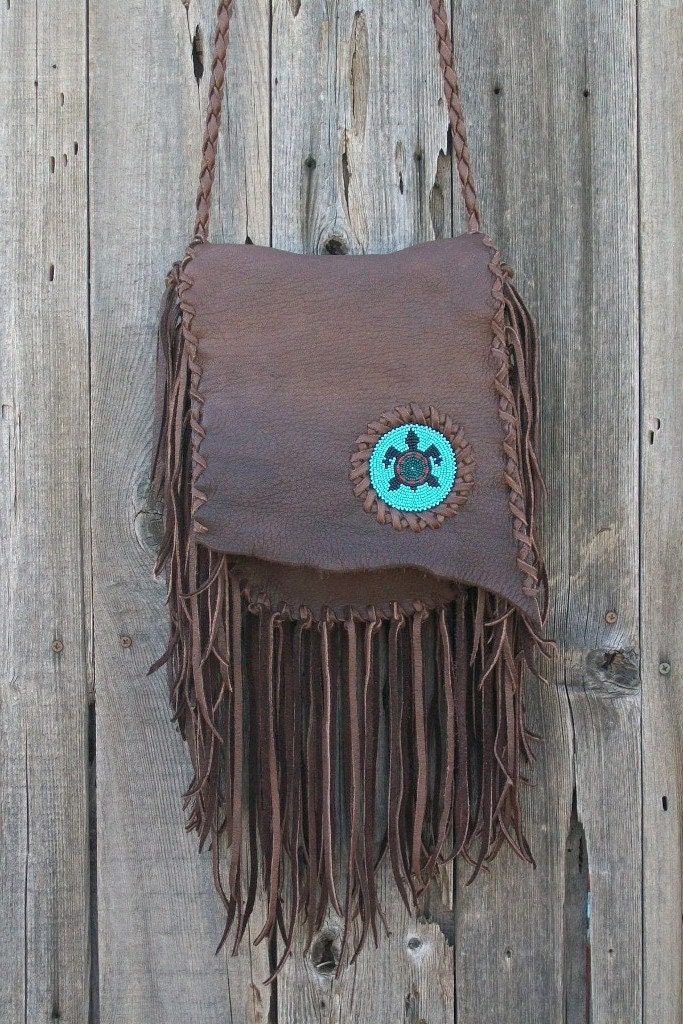 Fringed leather handbag Bohemian gypsy crossbody purse with beaded turtle totem Handmade leather crossbody bag with lots of fringe - thunderrose