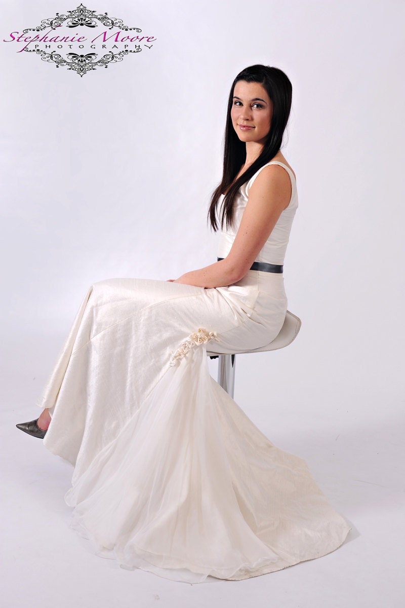 Georgiana- Custom Silk Scoop-neck Wedding Gown with Ribbon Belt