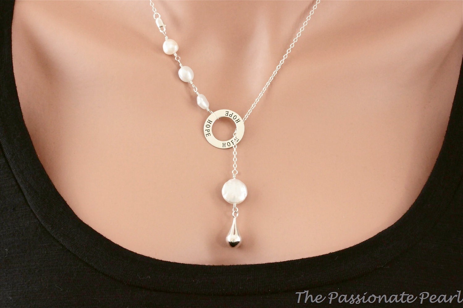 HOPE, Lariat Necklace, Freshwater White Pearl Necklace, Christian Jewelry, Sterling Silver Jewelry