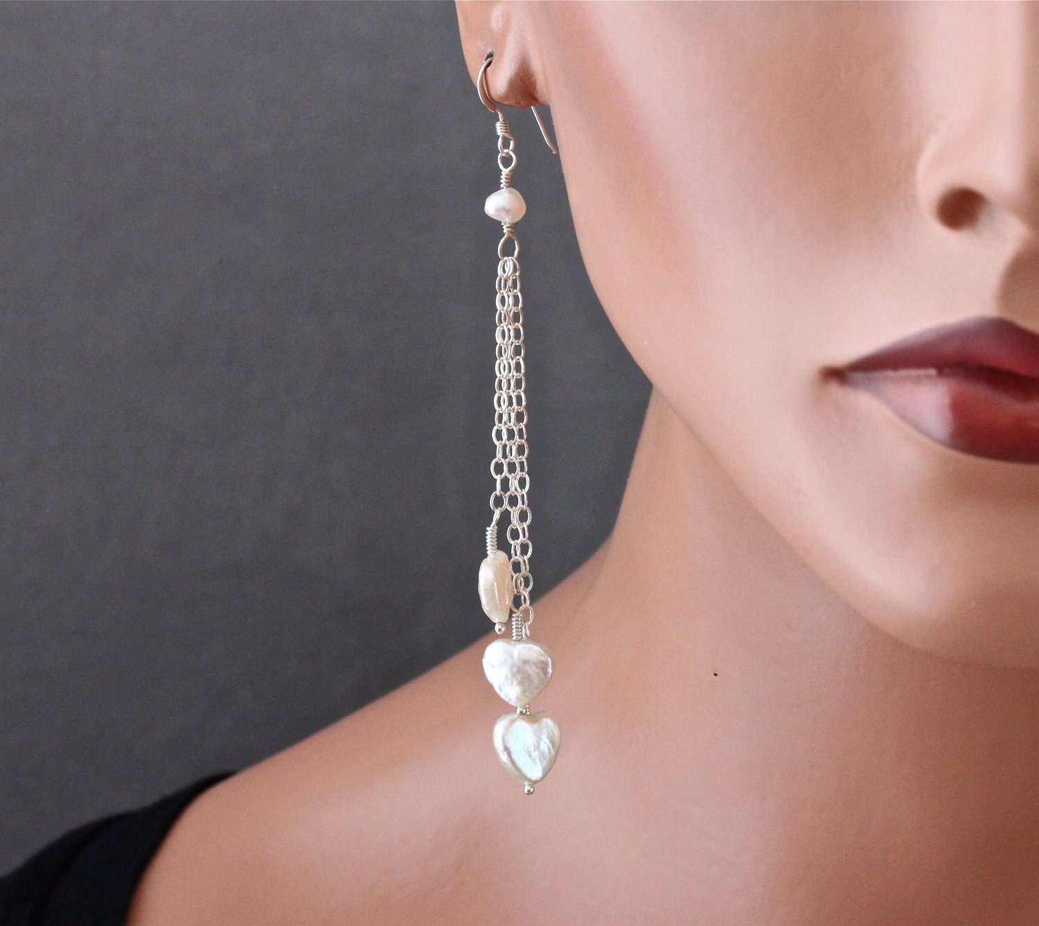 Freshwater White Pearl Earrings, Heart Earrings, Sterling Silver Earrings, Special Occasions