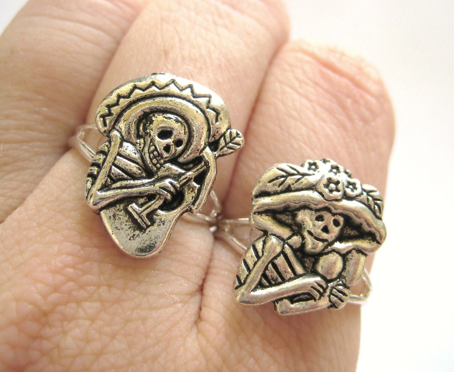 Mexican Sugar Skull Jewelry - Silver Two Finger Rings Day of the Dead