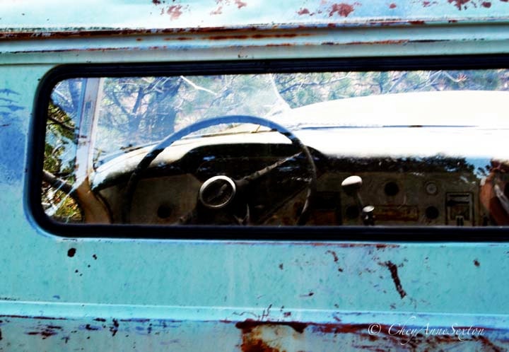 Old Chevrolet Apache Thru the Back Window - Old Farm Truck cab window - Teal Chevy steering wheel