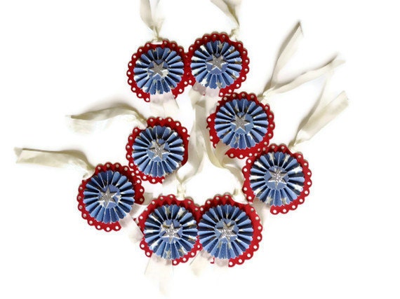 Rosette Gift Tags/ Set of Six Paper Rosette  Ornaments  Patriotic Fling Memorial Day  4th of July
