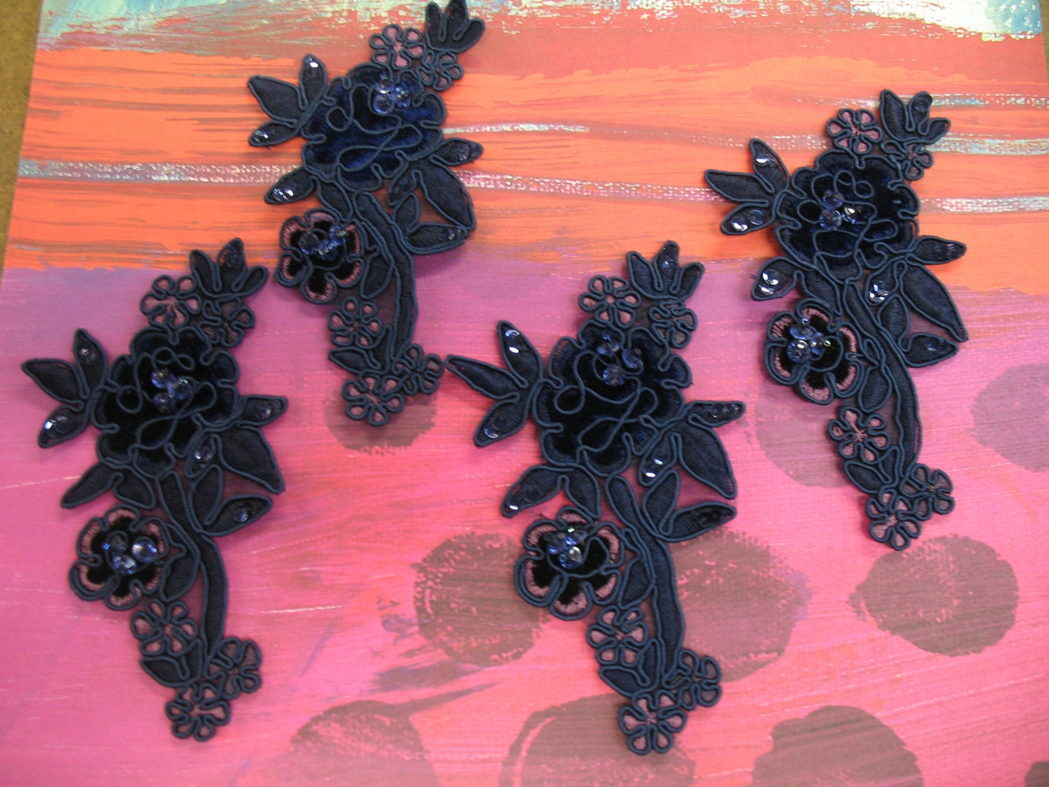 4 pieces 4" width blue with some Black Raspberry Embroidered Sequin flower appliqued embellishment for altered your couture designs