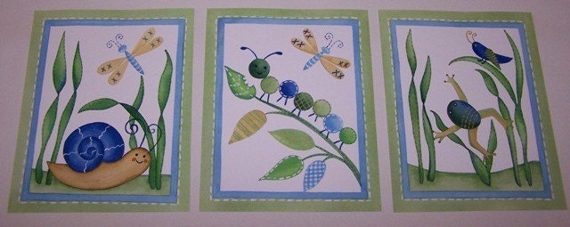 Boys blue green bugs butterflies snails frogs caterpillar bedroom nursery art