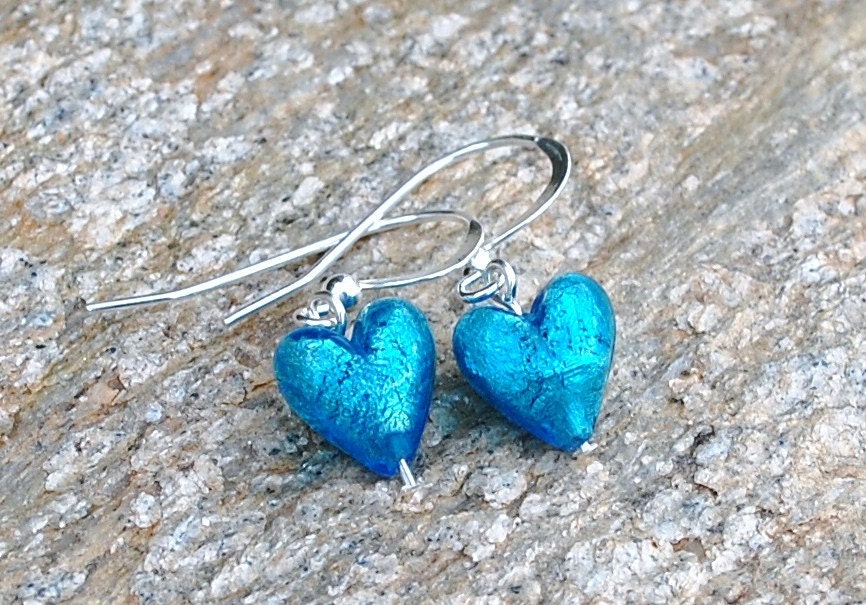 Venetian glass heart earrings, heart jewelry, aqua hearts,teen gift idea silver foil beads, petite jewelry, Sweetheart Earrings