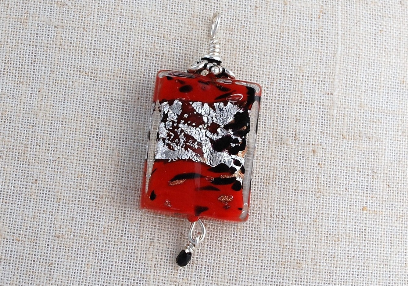 Venetian glass pendant necklace, holiday red silver foil and black pendant, adjustable leather cord, Venetian glass jewelry by Dolce Beada.