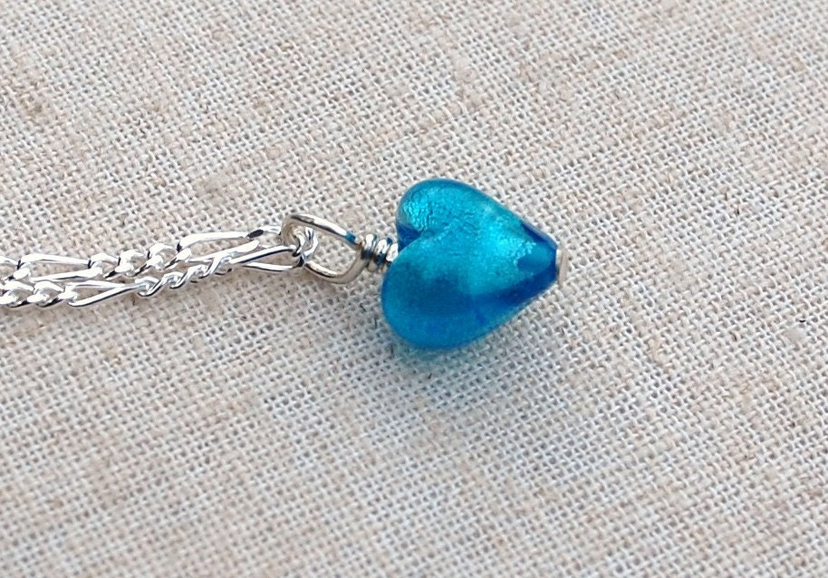 Heart jewelry, aqua heart necklace, Venetian glass necklace, petite necklace, flower girl necklace