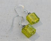 Venetian glass bead earrings by Dolce Beada,square earrings, green over gold foil, Italian glass jewelry, spring green earrings