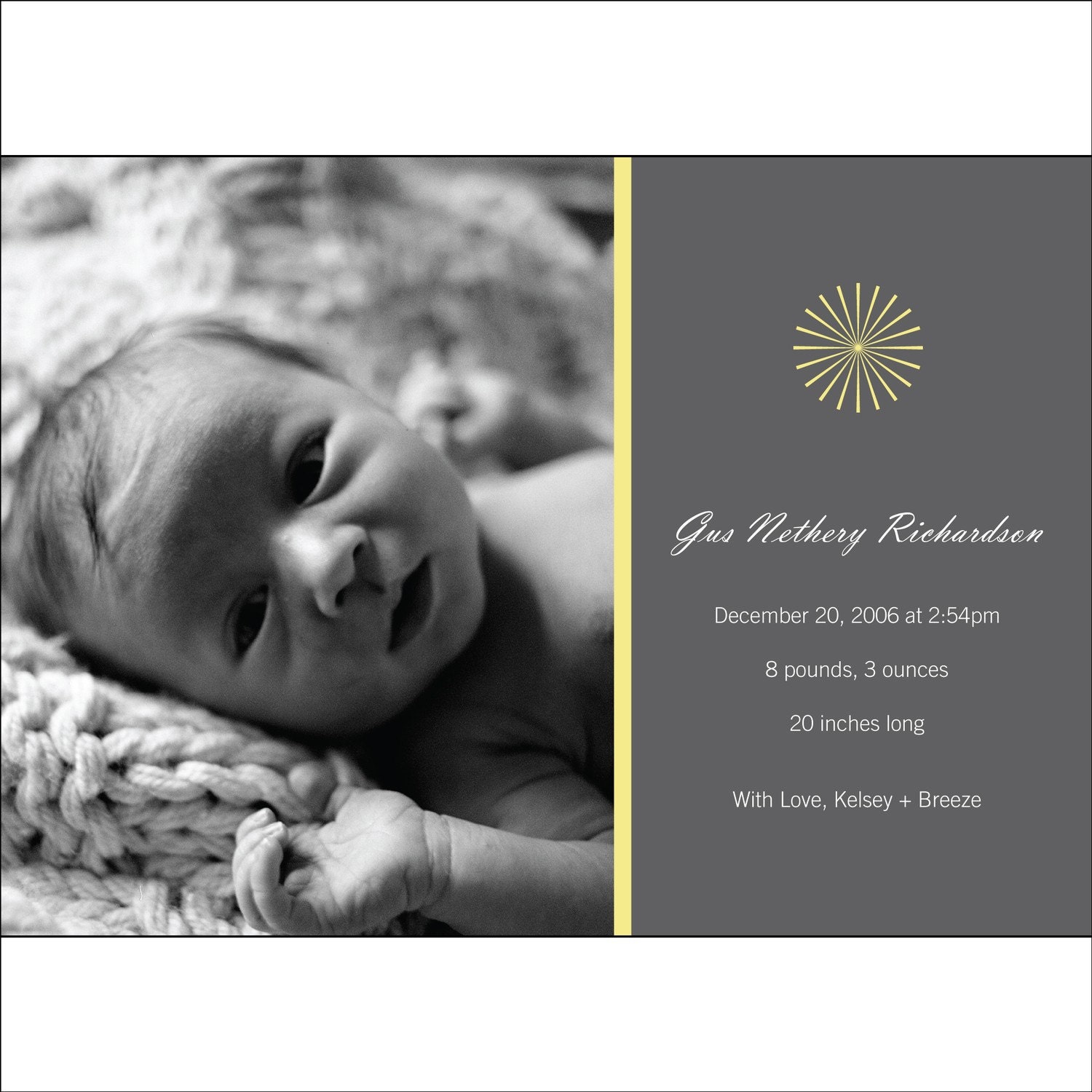 Starburst Photo Birth Announcement - Quantity 25 with White Envelopes