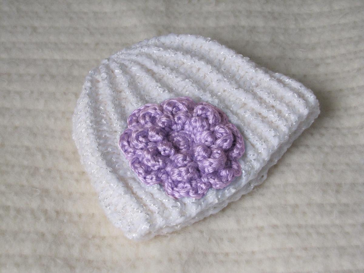 0-6 Months Hand Crocheted Flower Hat - White/Lavender