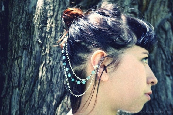 Silver Chain Ear Cuff- Blue Beaded