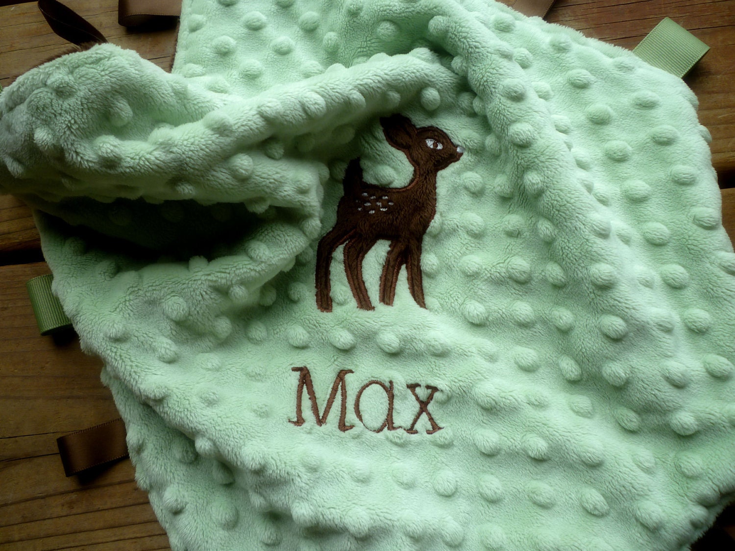 Personalized baby blanket minky- sage green and brown baby deer- lovey blanket matches Willow Organic