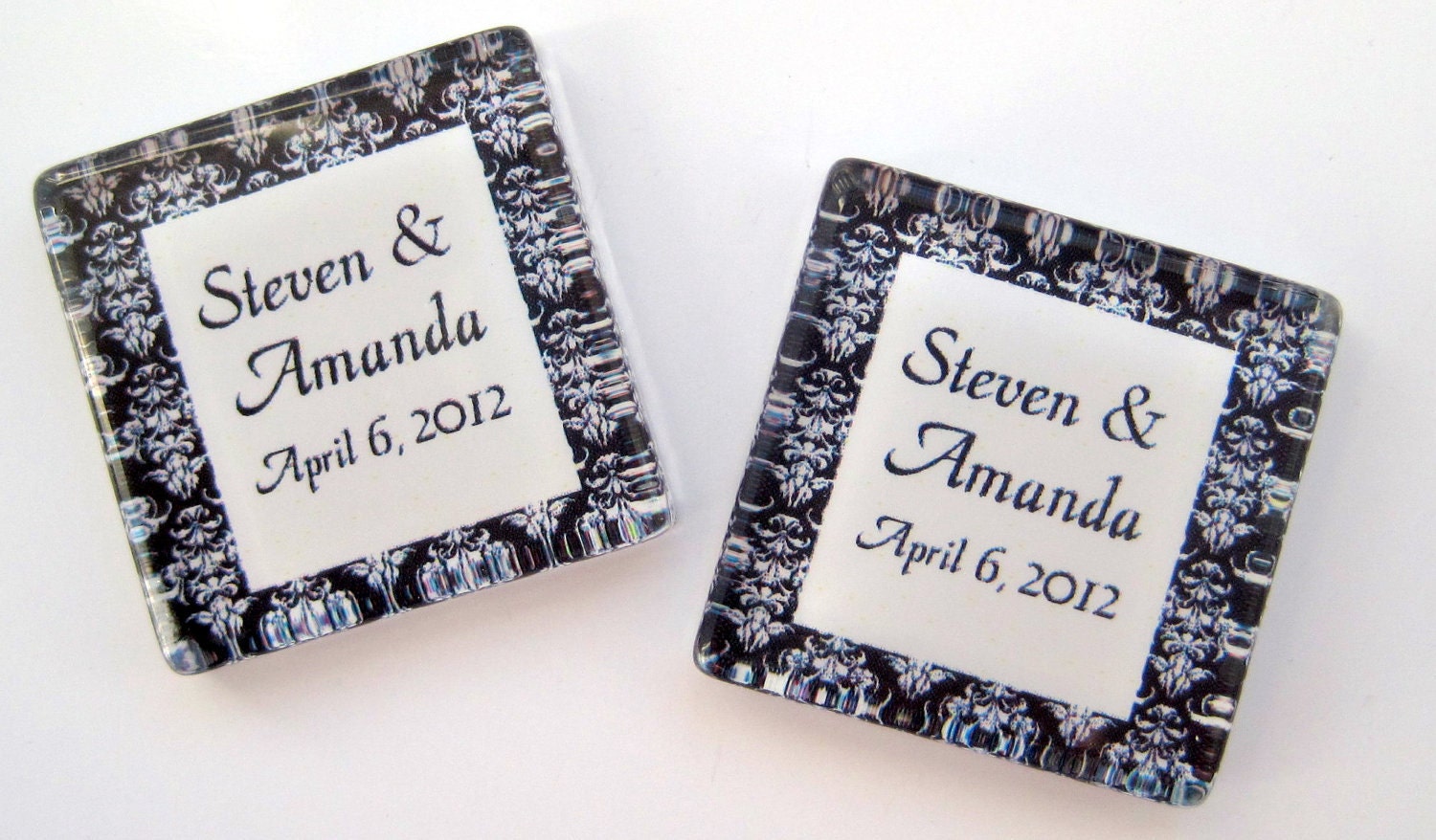 Damask Wedding Favor Magnets - Black and White - One Inch Square Magnets - Personalized - 50 Magnet Favors