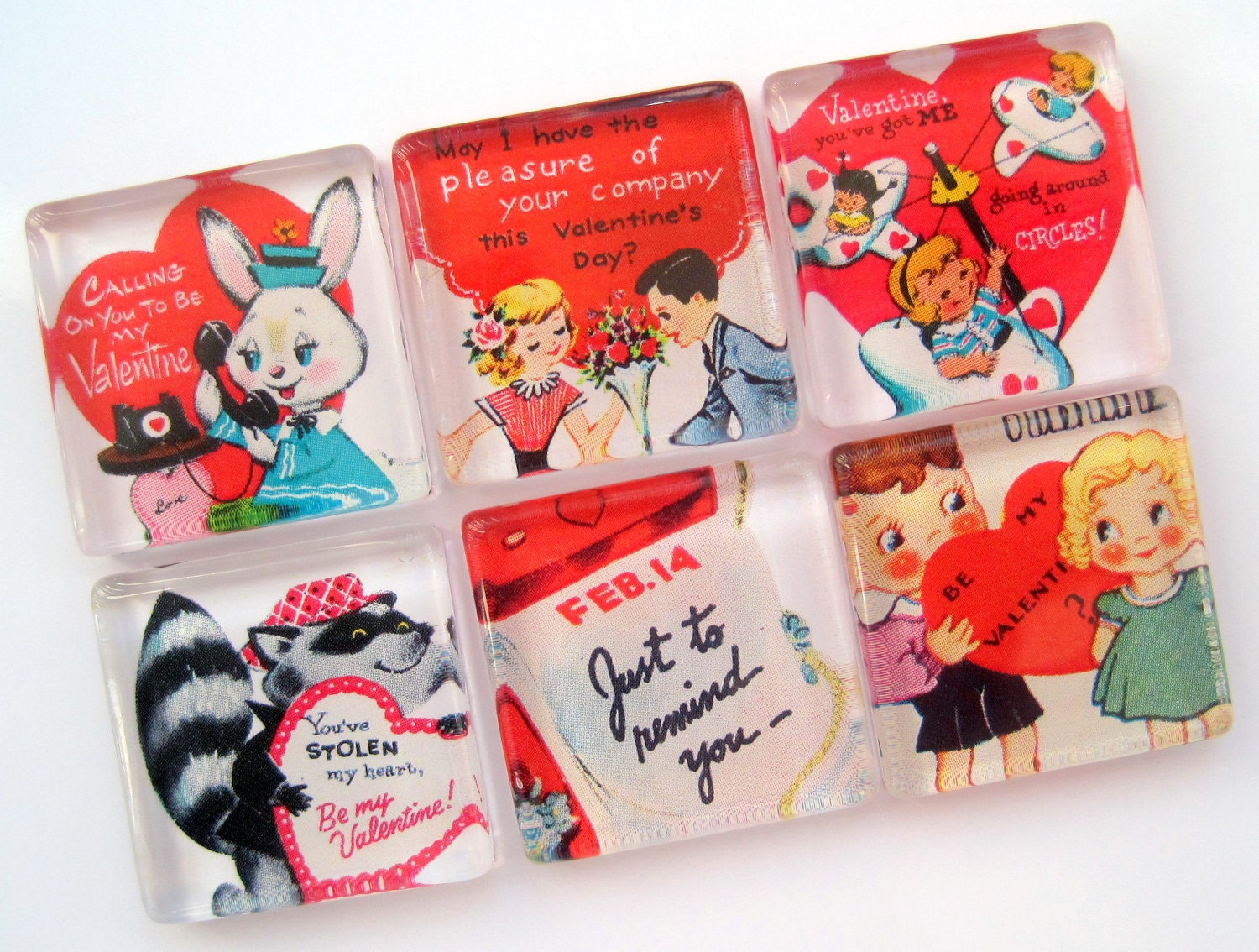Vintage Valentine's Day Magnets - Set of Six 1 Inch Square Glass Magnets