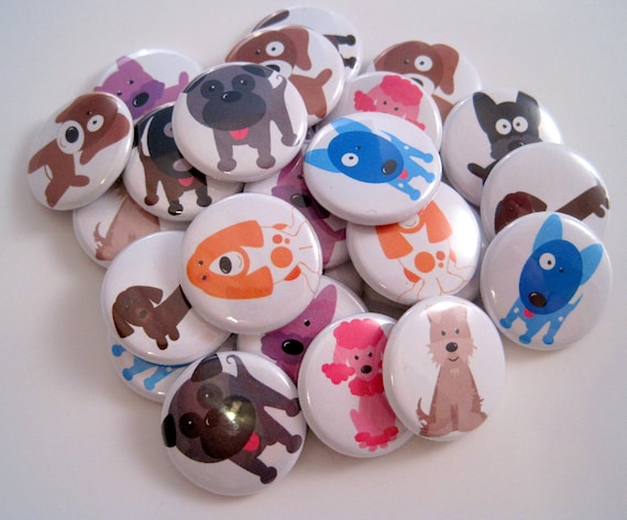 Dog Buttons - Puppy Party - 25 Party Favors - 1 Inch Pin-Back Buttons