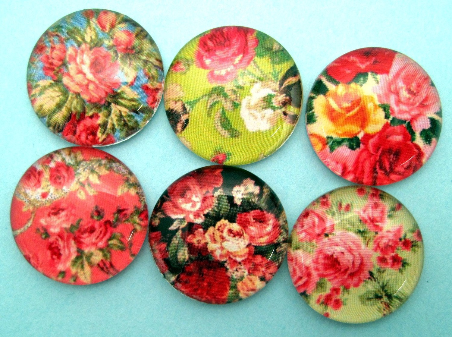Vintage Rose Patterns Magnet Set - Red Pink Green - Inch Round Premium Glass