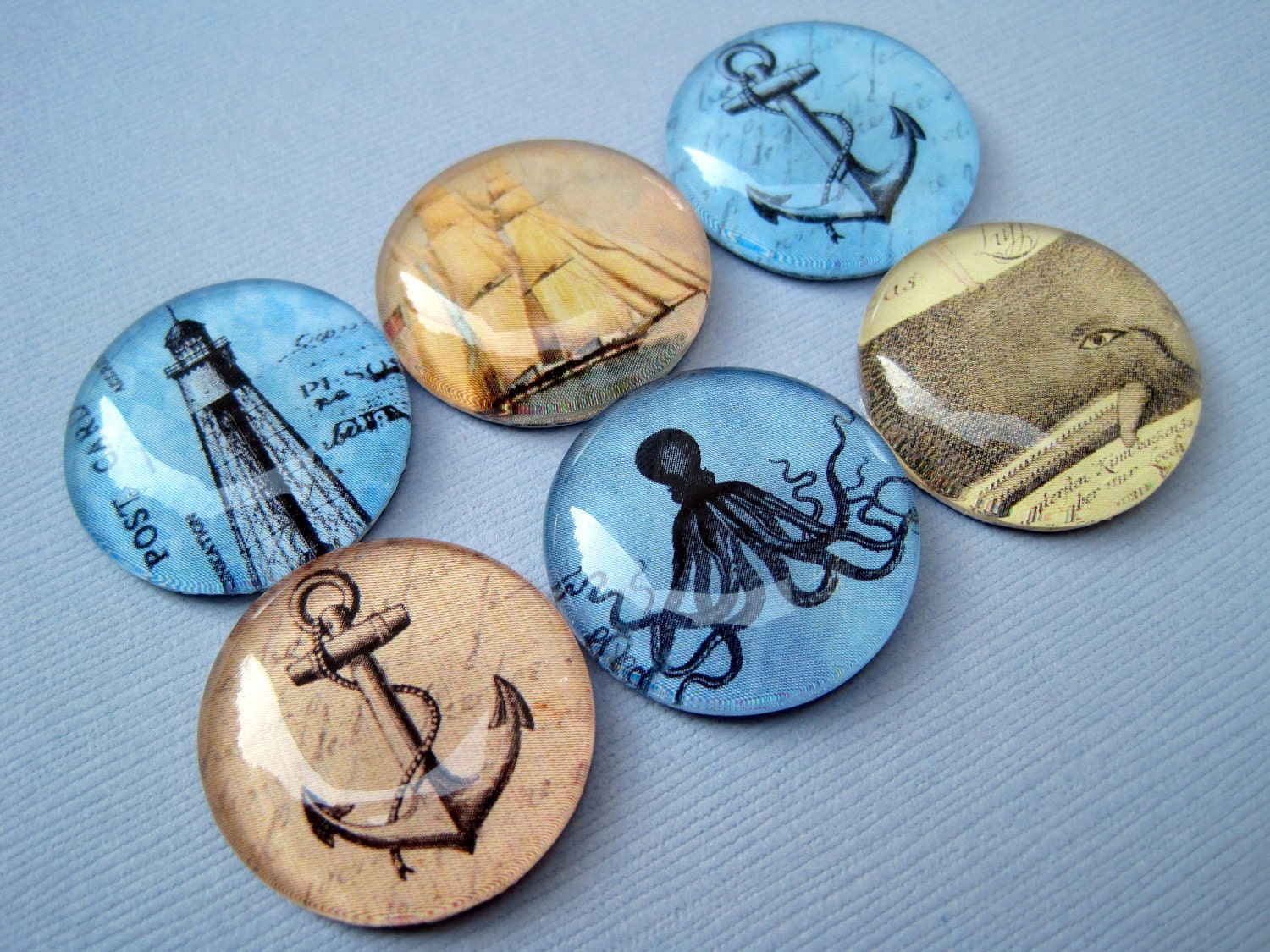Sailor Magnets - Blue and Khaki - 1 Inch Circle Premium Glass - Set of Six