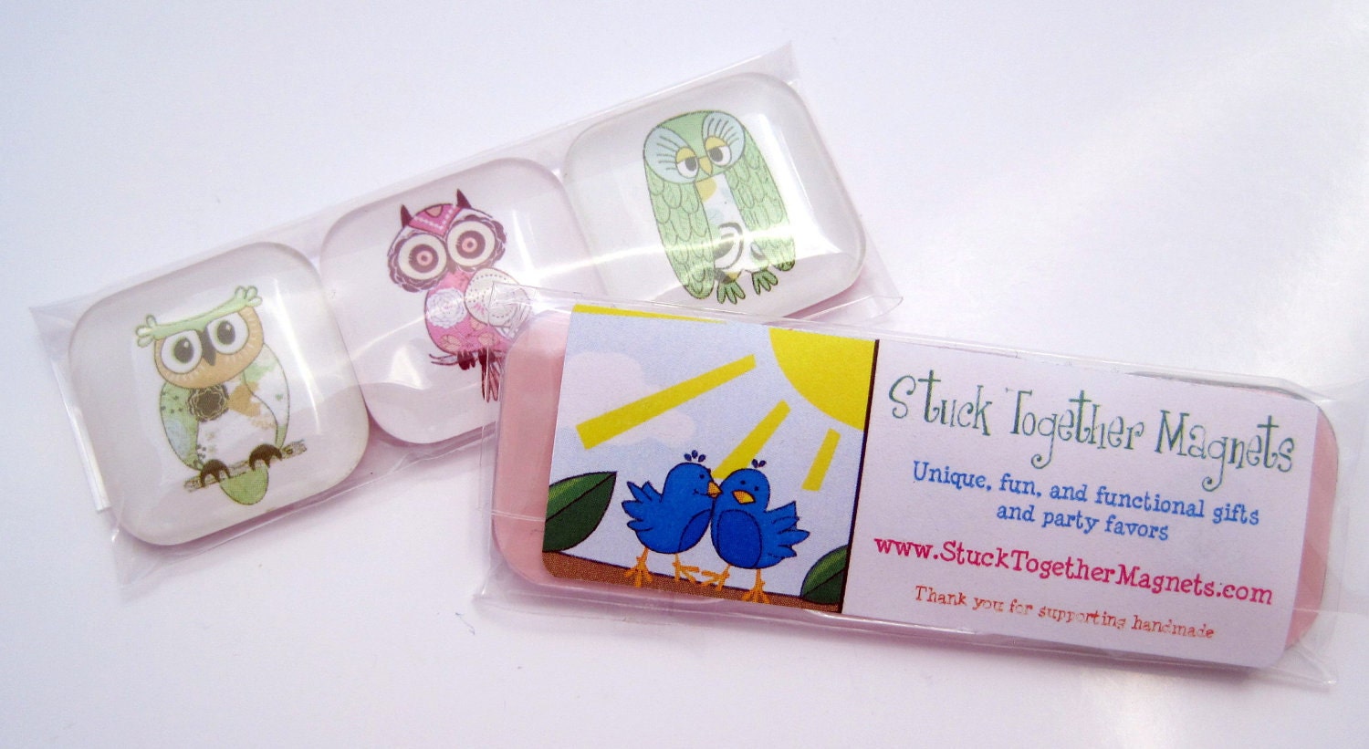Owl Magnets - Pink and Green - Set of 3 One Inch Glass Magnets