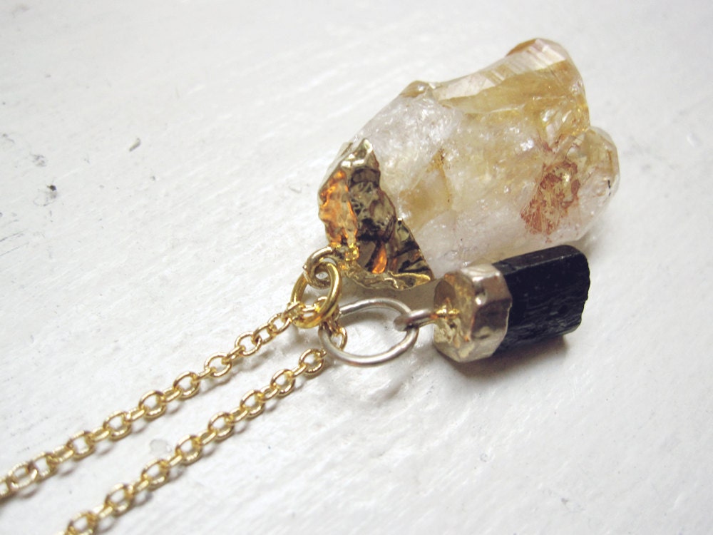 black tourmaline raw citrine crystal point gold dipped pendants necklace