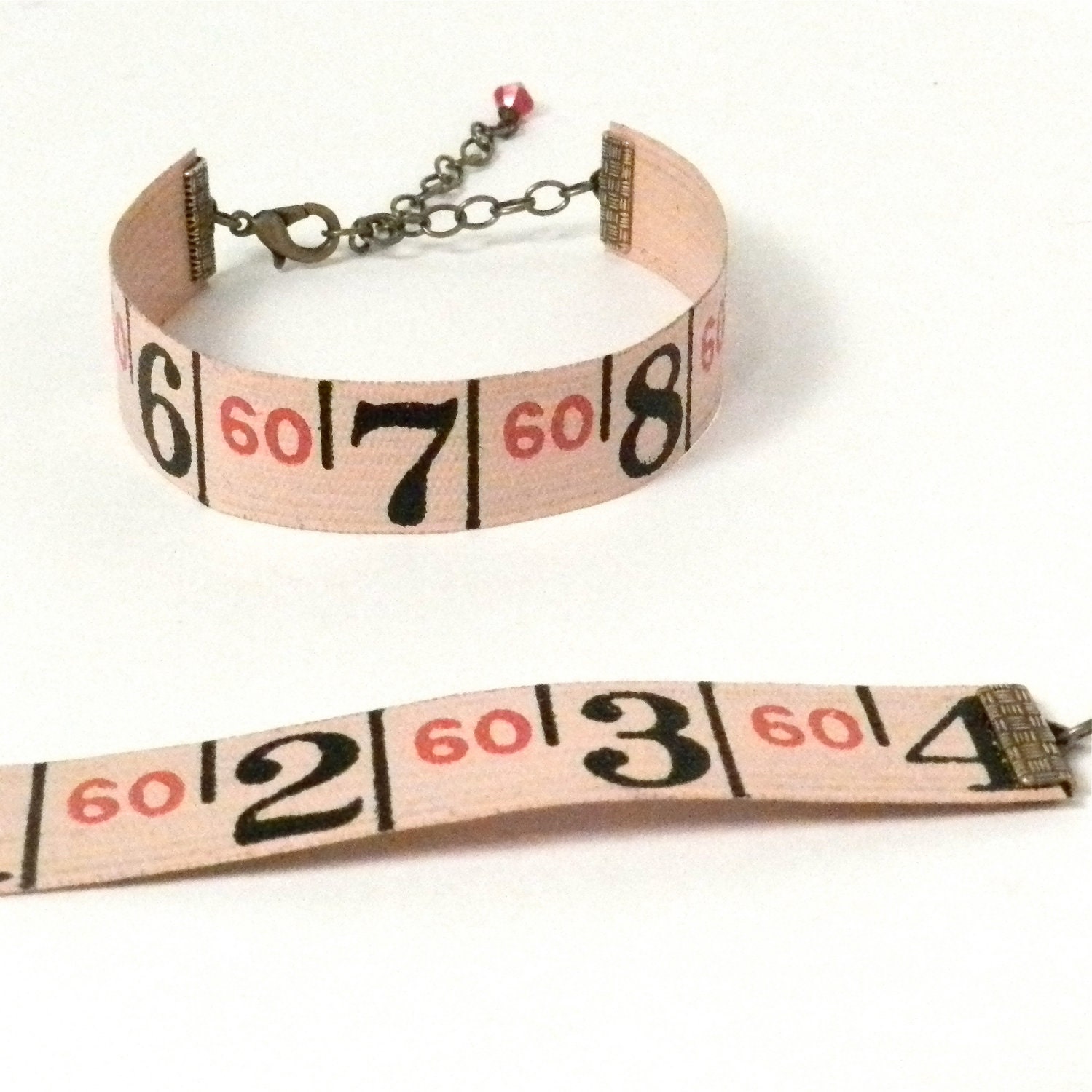 Vintage Measuring Tape Bracelet - Red and Black - Antique Brass